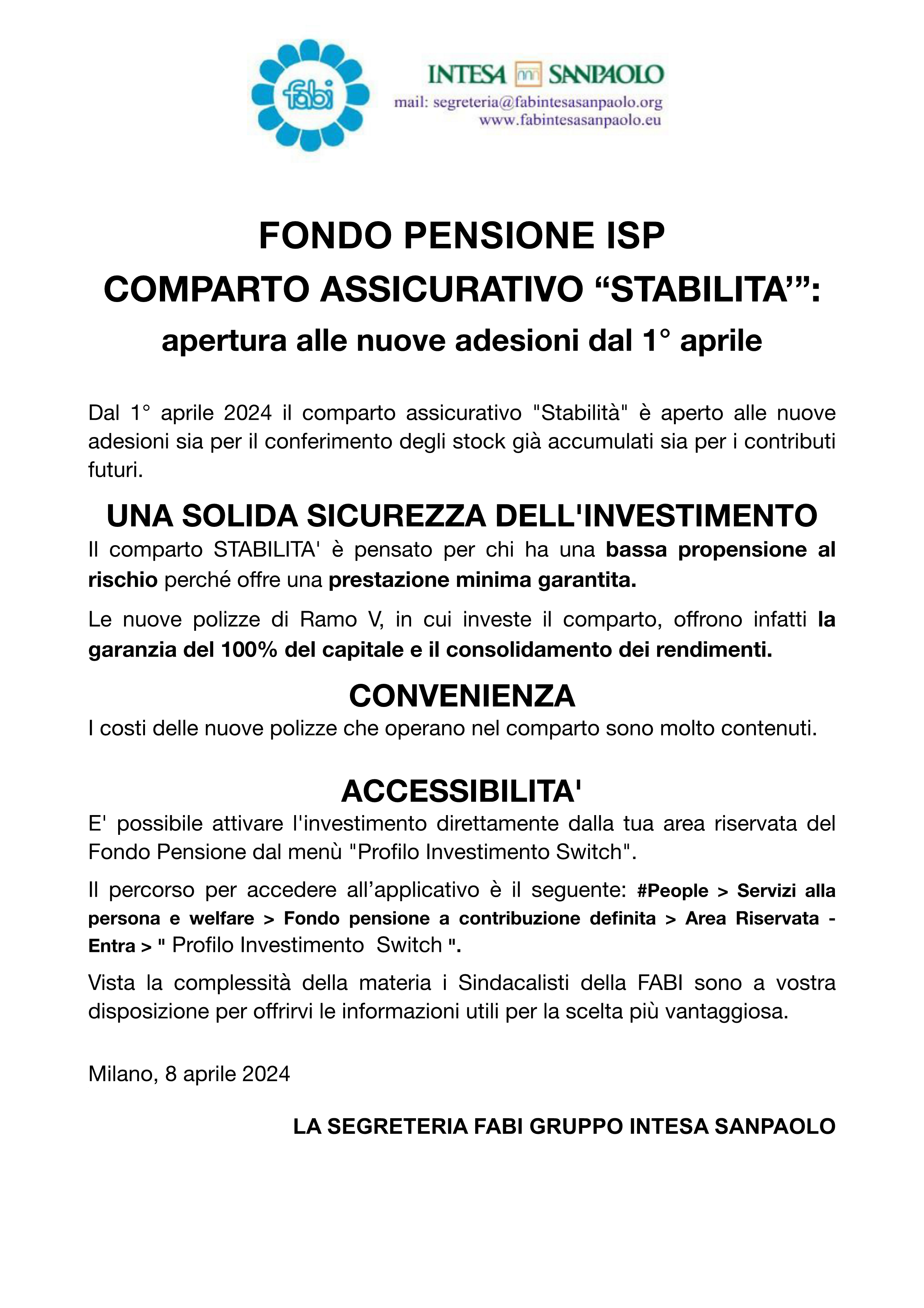 Fabi Gruppo Intesa Sanpaolo Fondo Pensione Isp Comparto Assicurativo Stabilita Apertura